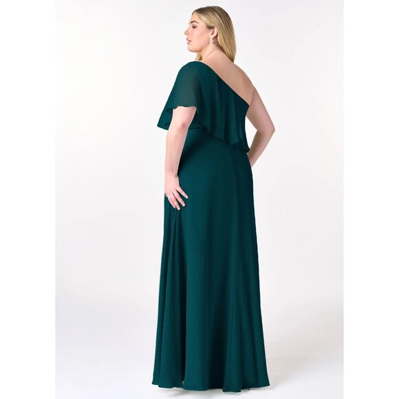 AZAZIE Pine A-Line One Shoulder Chiffon Maxi Formal Dress Ruffle Overlay Size 14 - Picture 2 of 14